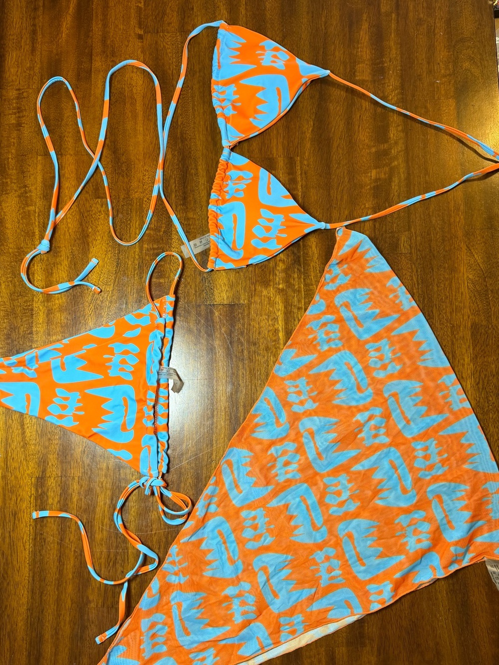 Fashion Nova Orange & Light Blue Patterned Triangle Bikini Set with Sarong